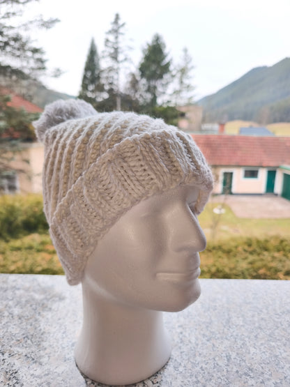 Original Adidas Strickhaube mit Bommel – Creme/Weiß – Wintermütze