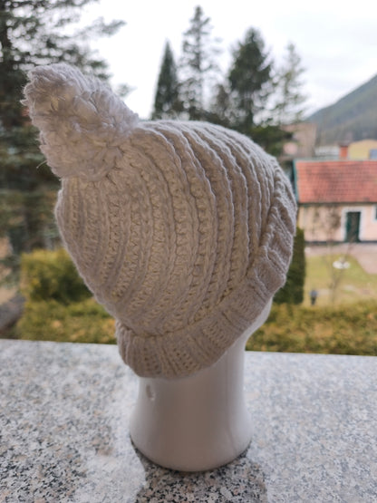 Original Adidas Strickhaube mit Bommel – Creme/Weiß – Wintermütze