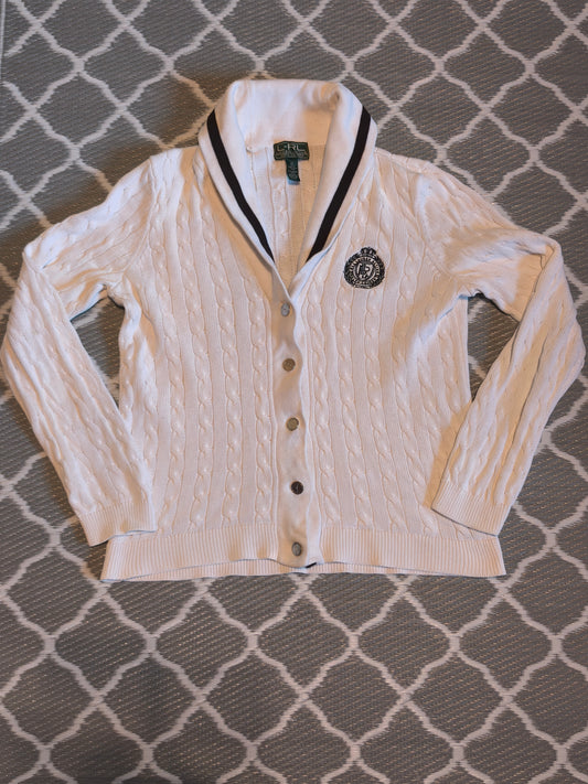 Lauren Ralph Lauren Zopfstrick-Cardigan in Weiß – Größe XL – klassischer Preppy-Stil